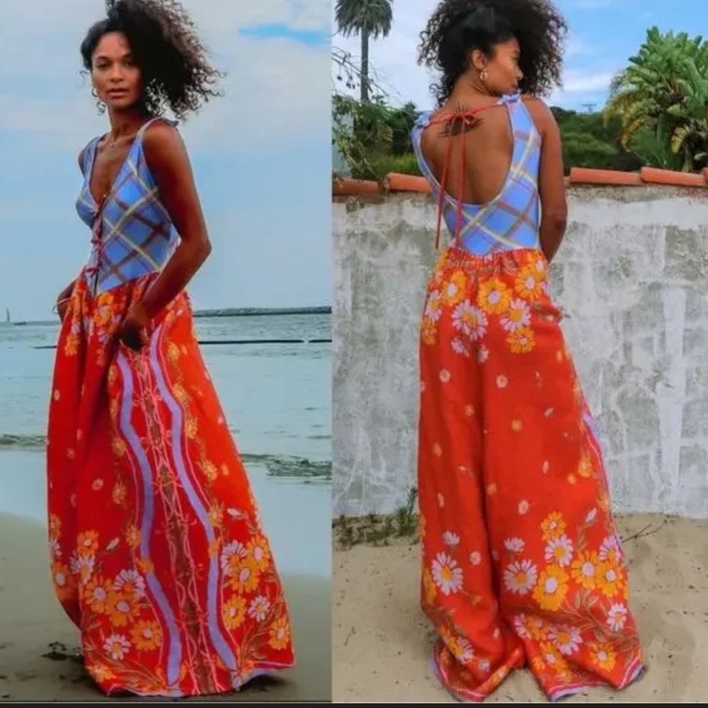 free people linen floral jumpsuit xs wide leg boho summer dreamy vacation outfit - Picture 2 of 7